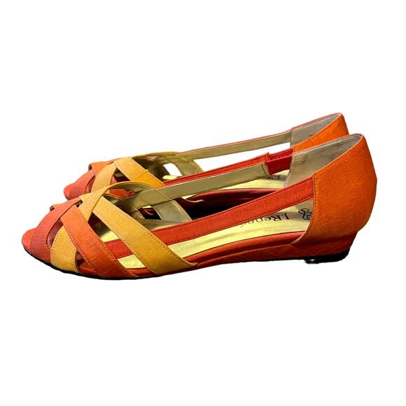 NEW Neiman Marcus 8 J Renee Criss Cross Satin Low Wedge Heel Flats Orange Yellow - Picture 3 of 7